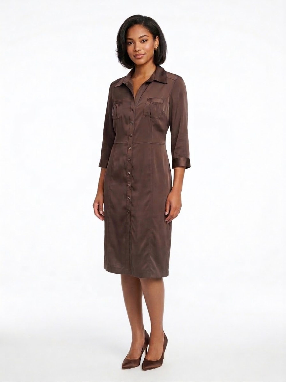 FYLO by Nylon Button Down Midi Shirt Dress Brown Satin 3/4 Sleeve, Size 14